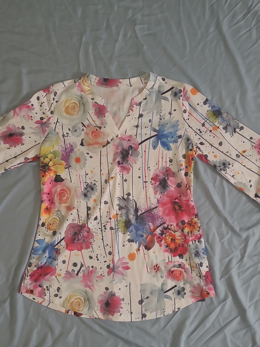 Floral V-Neck Long Sleeve Blouse - White Multicolor